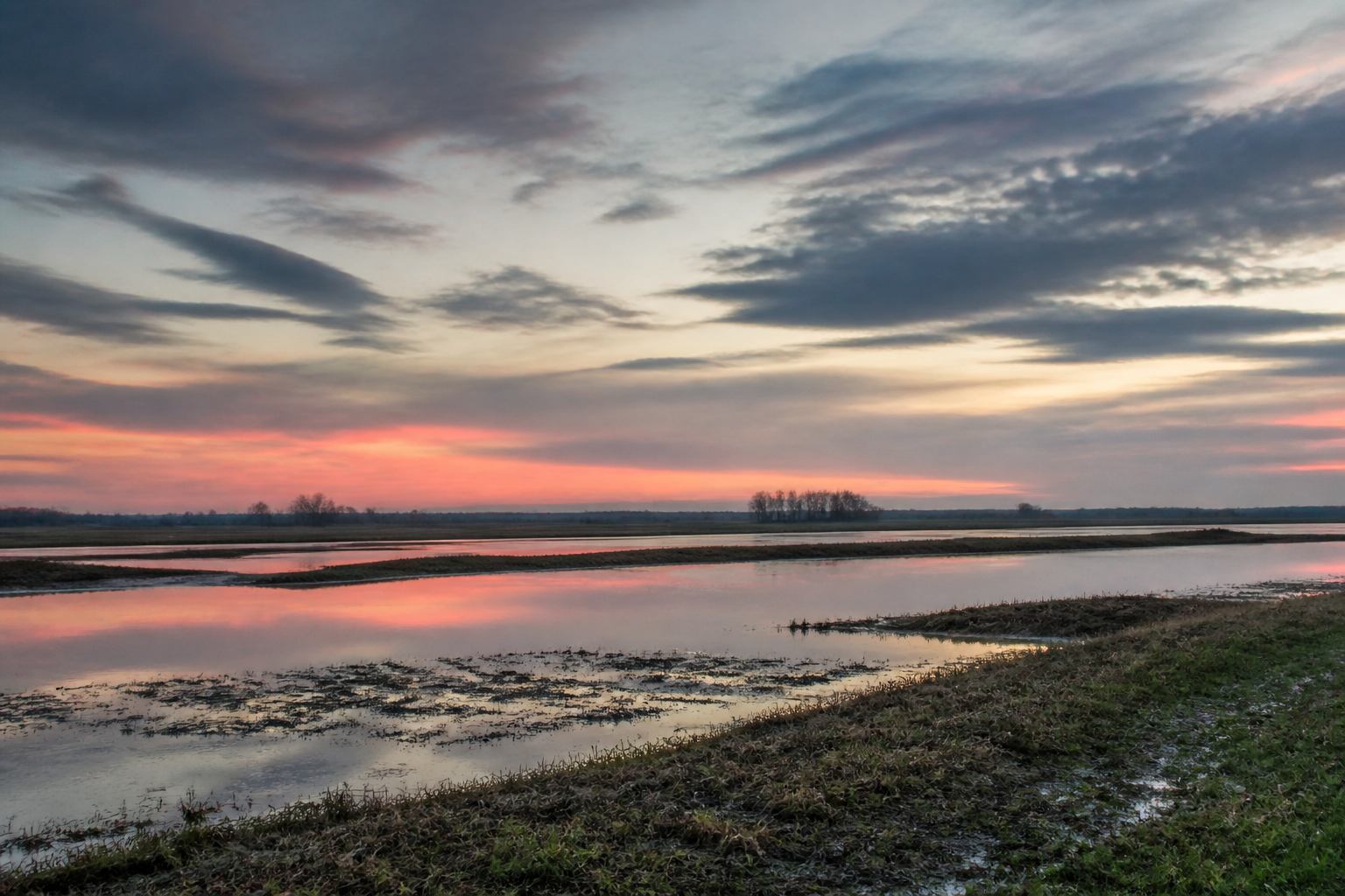 Evening horizon of water, meadow and sky on the north German plain
